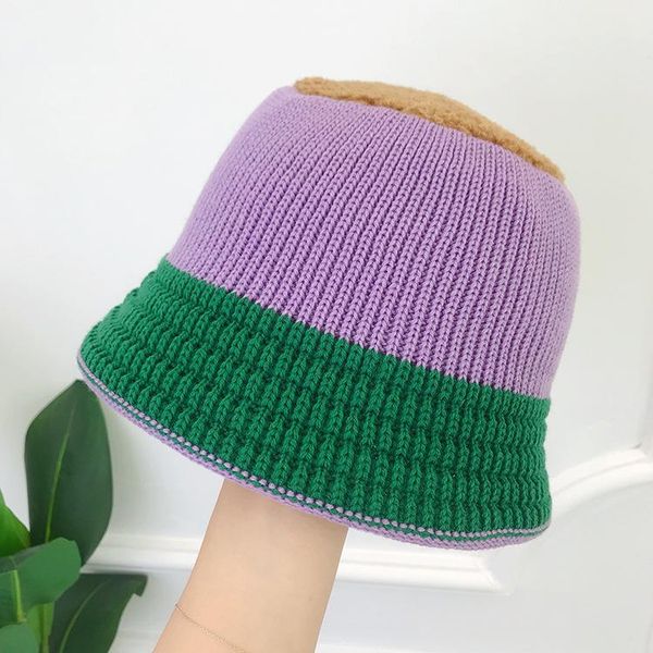 

wide brim hats knitted wool hat all-matching double-layer warm fisherman vintage lambswool basin for women, Blue;gray