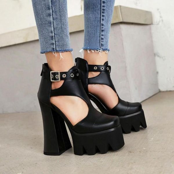 

dress shoes high heels women pumps 2021 summer platform sandals fish mouth square heel ankle boots buckle leather women's zapatos de, Black