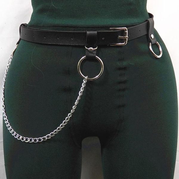 

belts women punk skirt with metal chain gothic rock harness waist pu leather belt adjustable row hole eyelet waistband, Black;brown