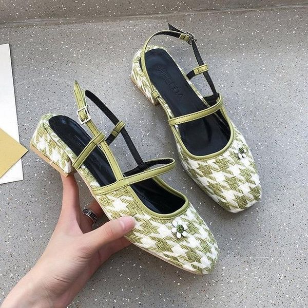 

sandals women 2021 women's shoes summer square toe baotou without heel buckle flat fashion, Black