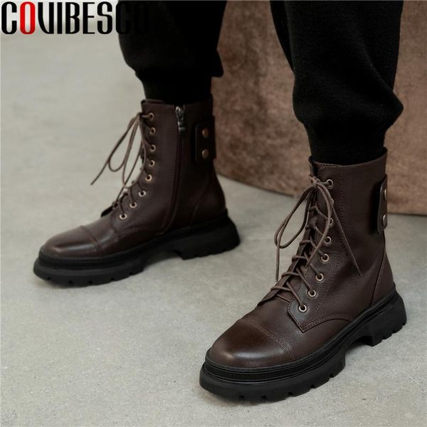 

boots covibesco autumn winter women casual ankle genuine leather shoes woman cross-tied side zipper motorcycle, Black
