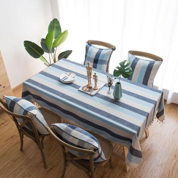 

blue striped table cloth cover waterproof polyester tablecloth with tassels coffee table home decor furniture dustproof cover
