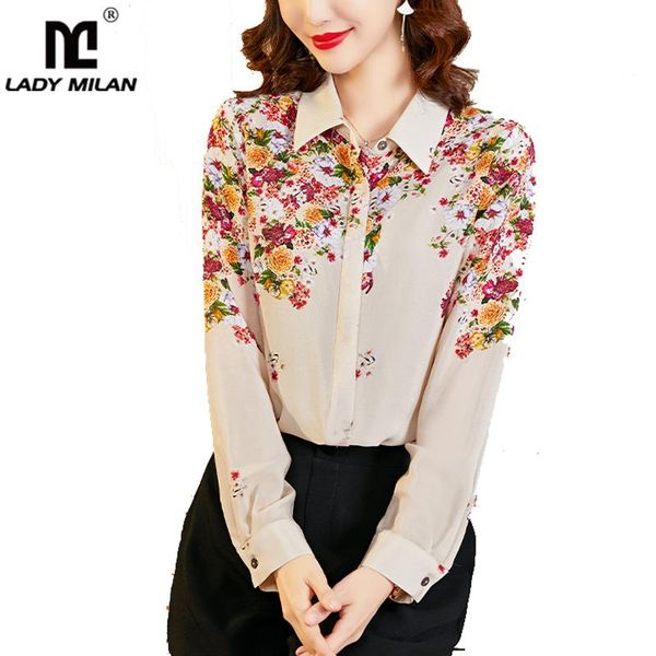 

women's blouses & shirts 19 mm 100% silk runway turn down collar long sleeves floral printed elegant blouse quality camisa, White