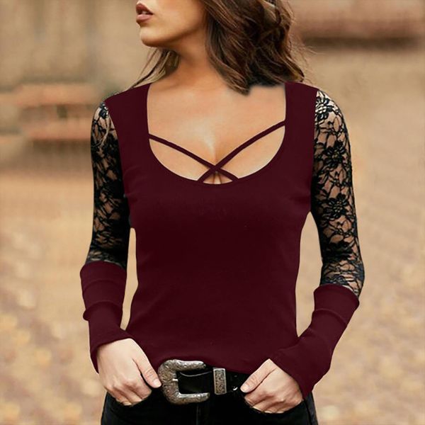 

40 slim lace hallow out women blouses elegant round neck long sleeve cross the chest casual, White