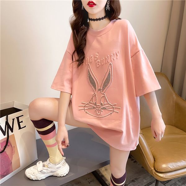 

2021 mid-length loose short-sleeved spring and summer new college style cartoon diamond printing t-shirt u2i8, White