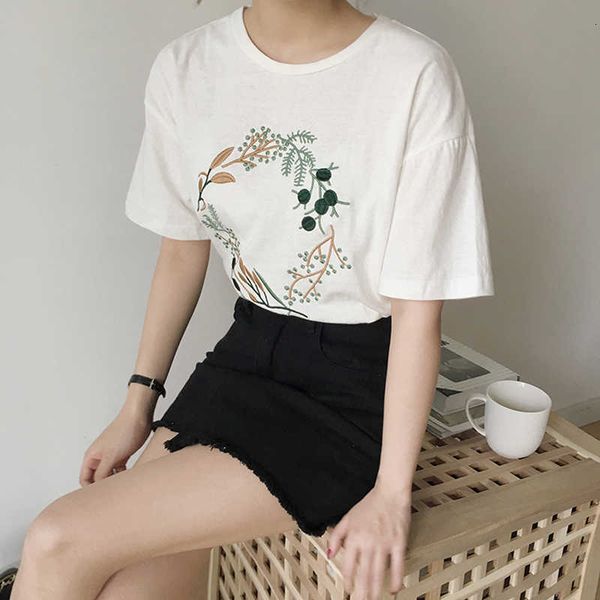 

women's summer small fresh embroidery short sleeve t-shirt female casual all-match tees 2021 new arrival, White