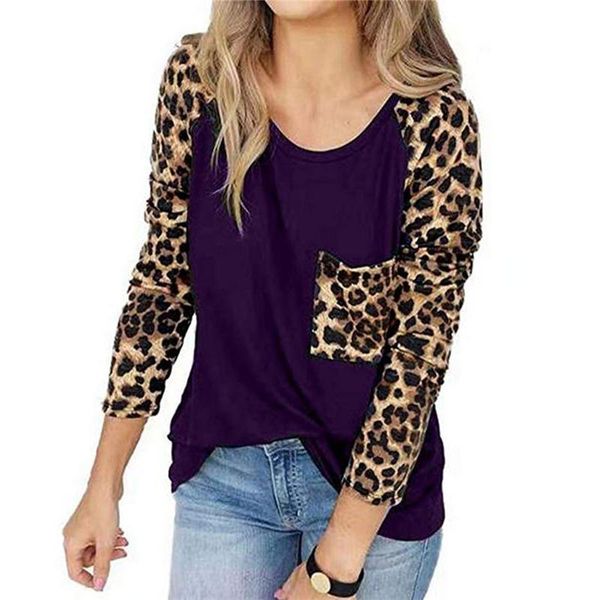 

woman blouse 2021 women casual loose women and blouses pocket patchwork leopard print long sleeve shirt blouse top, White