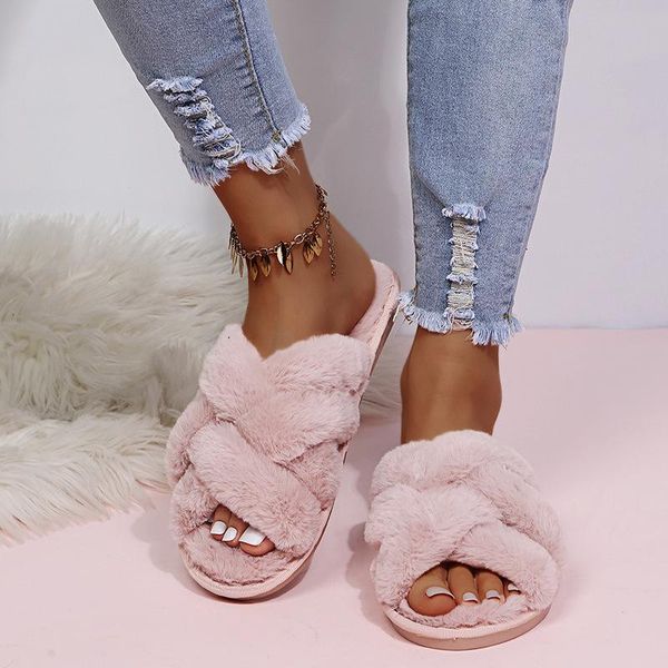 

slippers drop winter women home with faux fur fashion ladies warm shoes woman house slip on flats female slides, Black