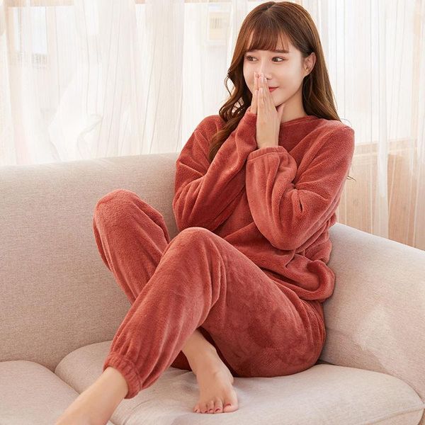

women's two piece pants winter coral fleece home clothes sets women solid color round neck sweatshirts warm soft sleepwear loose lazy s, White