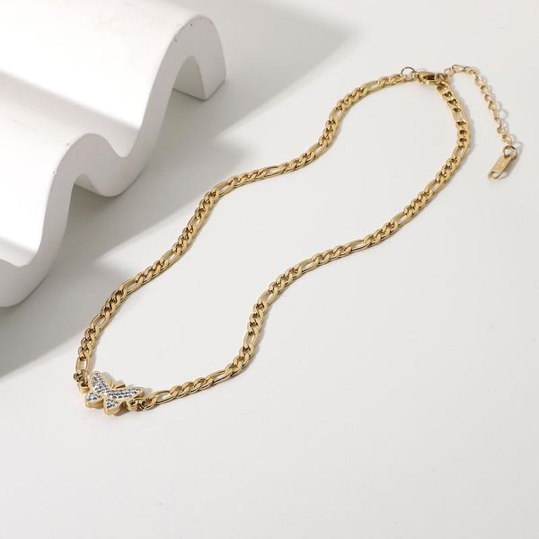 Collane con pendente Design Accessori in acciaio inossidabile placcato oro 14K Collana con catena Figaro SuperFlash Zircon Butterfly