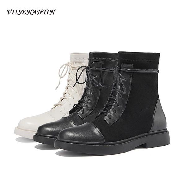 

boots spring autumn retro soft leather short female british style round toe flat ankle women lace single, Black