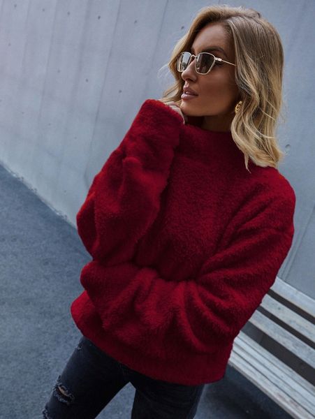 

high neck drop shoulder teddy sweatshirt o73u#, White;black