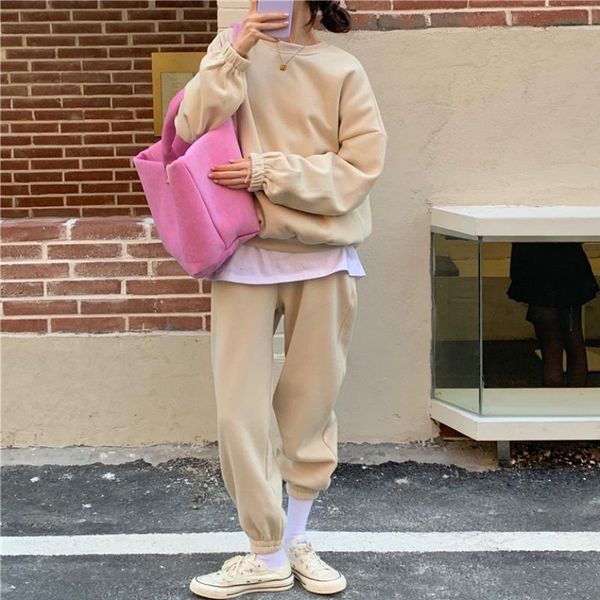 

women's two piece pants sport solid tracksuit women long sleeve high waist spring cotton fashion korean casual ensemble femme sets de50, White
