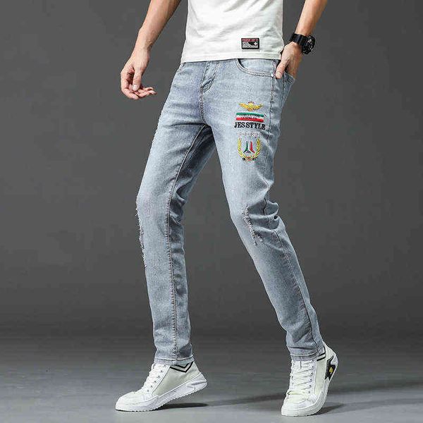 

and mix match men's jeans with holes in spring summer, slim fit leggings, international special embroidery fashion br, Blue