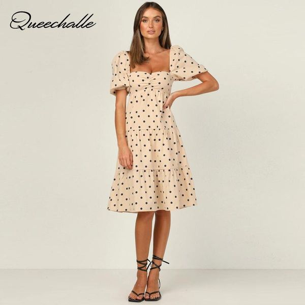 

party dresses 2021 summer dress women's casual polka dot print square collar puff sleeve a-line back lace ties ruffle swing, White;black