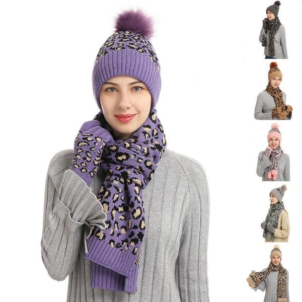 

hats, scarves & gloves sets hat scarf set women leopard knitted thicken lining touchscreen windproof, Blue;gray