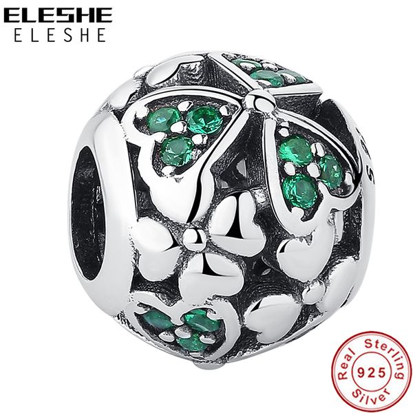

eleshe green clear cz crystal clover bead 925 sterling silver charms fit original bracelets&bangles women diy jewelry q0531, Black