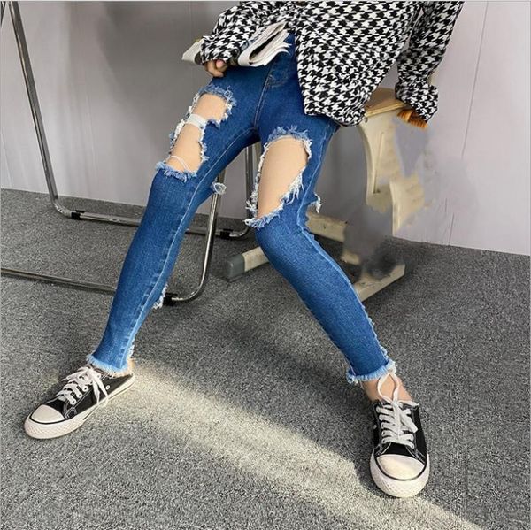 

selling children fashion hole denim pants 2021 spring autumn new trousers kids pants teenage jeans 6-16y wz35, Blue