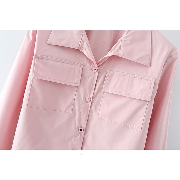 

2021 new pink blouse pockets short blouses women pure color long sleeve bd5q, Tan;black