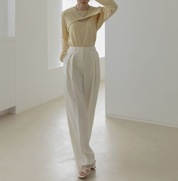 

new 2021 white suit women high waisted female leisure straight pants loose trousers 84l4, Black;white