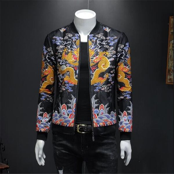 

robe 2021 new style chinese black dragon print male baseball collar street jacket 5xl masculinity chid, Black;brown