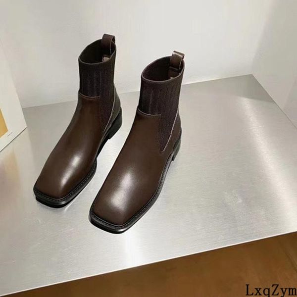 

boots dark coffee square toe knight for women handmade elastic knitted tube cozy short shoes low heel, Black