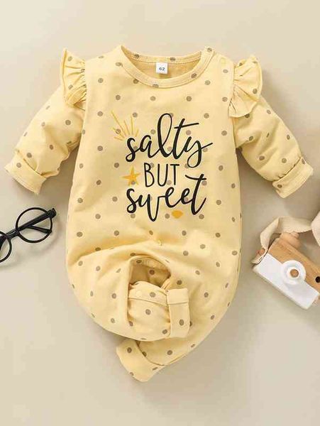 

baby girl polka dot & slogan graphic ruffle trim jumpsuit she, Blue