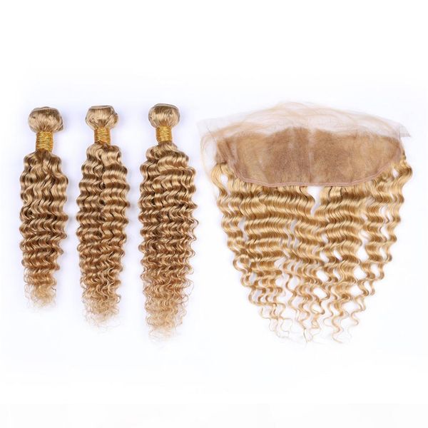 

virgin malaysian honey blonde human hair weaves deep wave with frontal 3bundles #27 light brown hair wefts with 13x4 lace frontal closure, Black