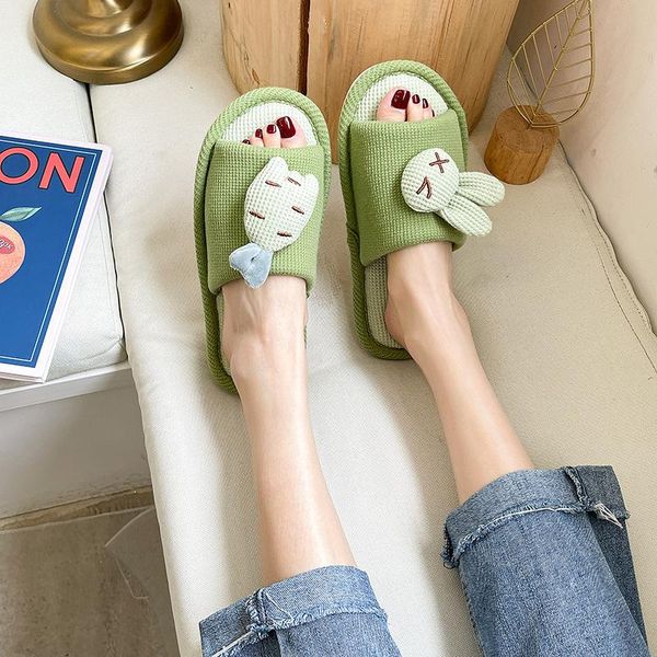 

slippers 2021 cartoon linen fashion couples indoor women shoes soft flexible ladies sandals zapatos de mujer, Black