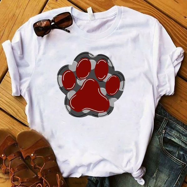 

dog paw printed short sleeve women t shirt loose tee clothes graphic, White