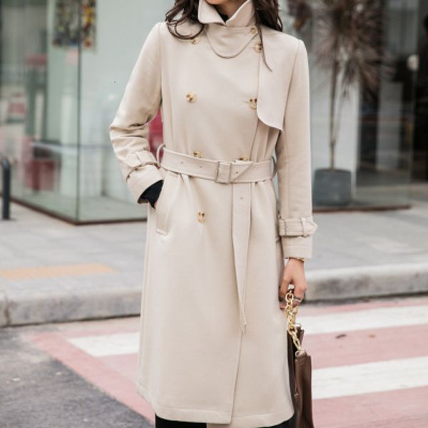 

2021 new fall women lace up to double breasted outwear ladies solid color coat girls long section jacket moxk, Tan;black