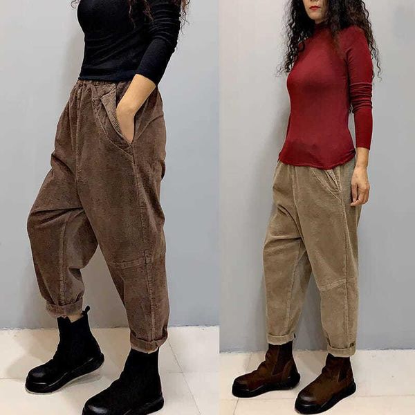 

women's pants & capris vintage elastic waist corduroy plus size women solid harem loose casual trousers female bottoms pantalon turnip, Black;white