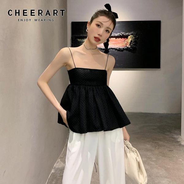 

women's tanks & camis cheerart texture puffy black tie back spaghetti strap summer cami women casual fashion designer tube 2021, White
