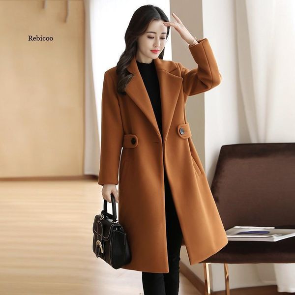 

women's wool & blends loose casual woolen coat middle long style fashion winter women clothing korean version thickened coats, Black