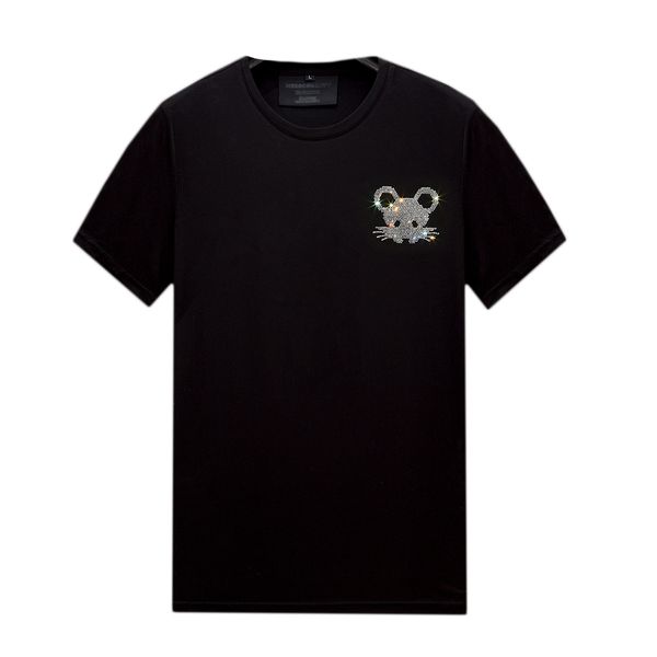 T-shirt da uomo con strass a maniche corte nere, girocollo, top, pullover, per l'estate, casual, cotone mercerizzato