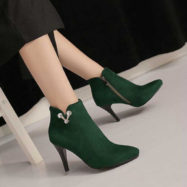 

zawsthia winter faux suede pointed toe spike high heels womans shoes size 33-43 green lady ankle booties stilettos boots 210611, Black