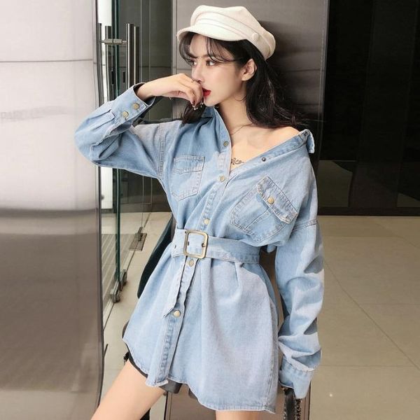 

age reduction korean shirt autumn and winter retro loose lapel mid-length lace-up waist denim jacket trend women's jackets, Black;brown
