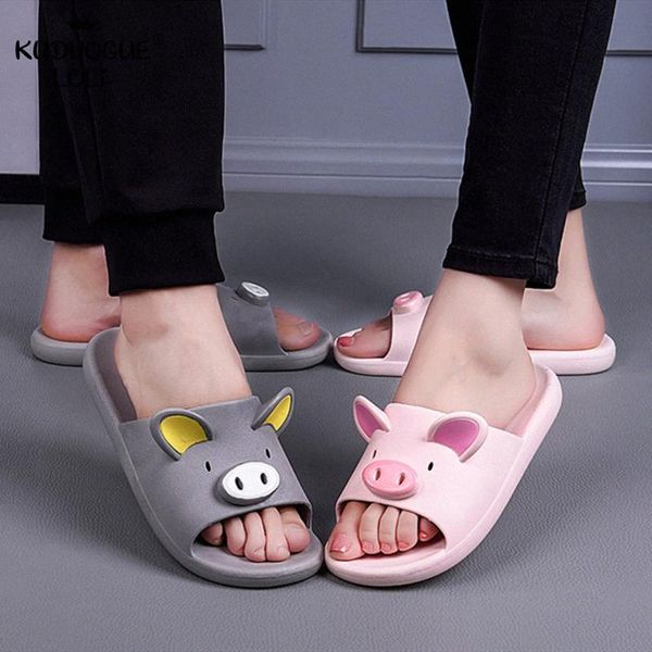 

lovely couple soft cartoon slippers solid pig non slip shoes cute flat casual sandals home indoor bathroom sweet summer women x4fg#, Black