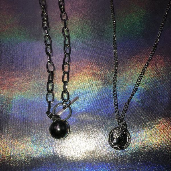 

tiktok ins double circular necklace, female hip hop, european and american steel beads, clavicle chain, human head coin pendant, Silver