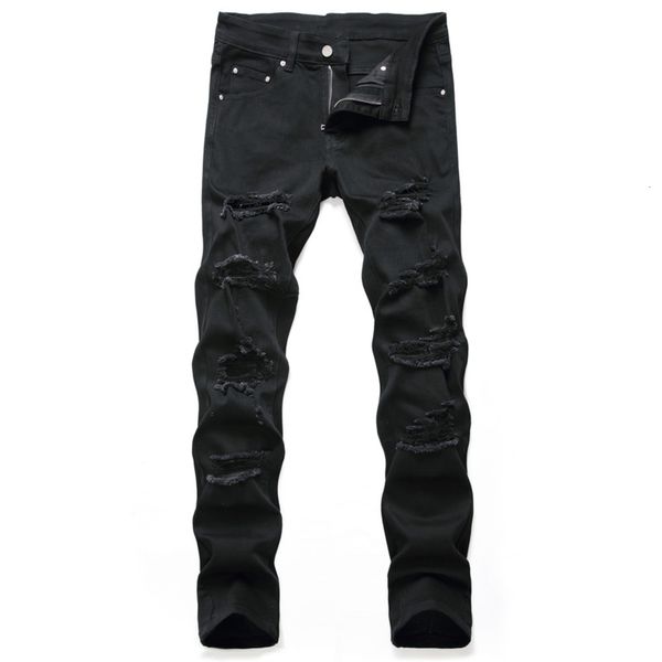 

2021 new men's slim hole straight black casual fashion long jeans, Blue