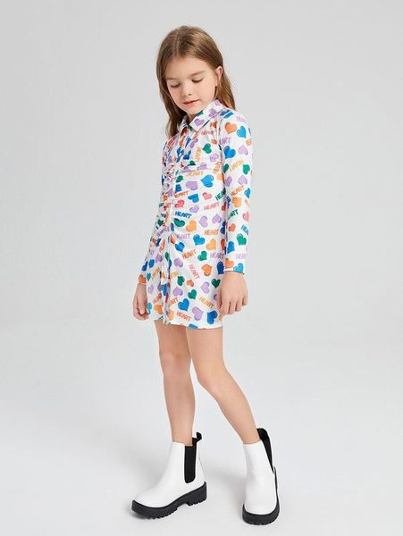 

girls letter & heart graphic button front dress she, Red;yellow