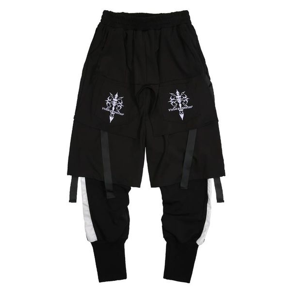 

men's pants y2k tactical fake two cargo pant men 2021 harajuku embroidery joggers trousers streetwear hip hop function, Black