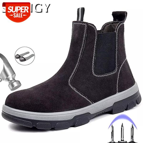 

winter new men safety shoes steel toe work indestructible hard flock sewing men's boots solid color break-proof males shoes #ik3v