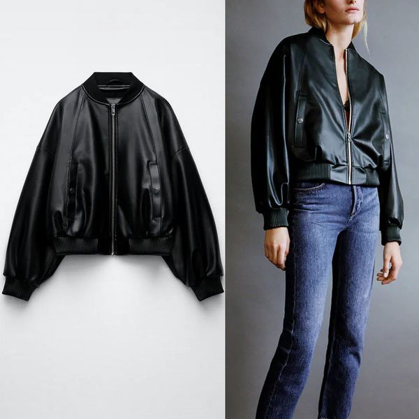 

two piece dress za black pu leather bomber jacket women high collar long sleeve fitting coat fashion front zip woman leatherette jackets rh5, White