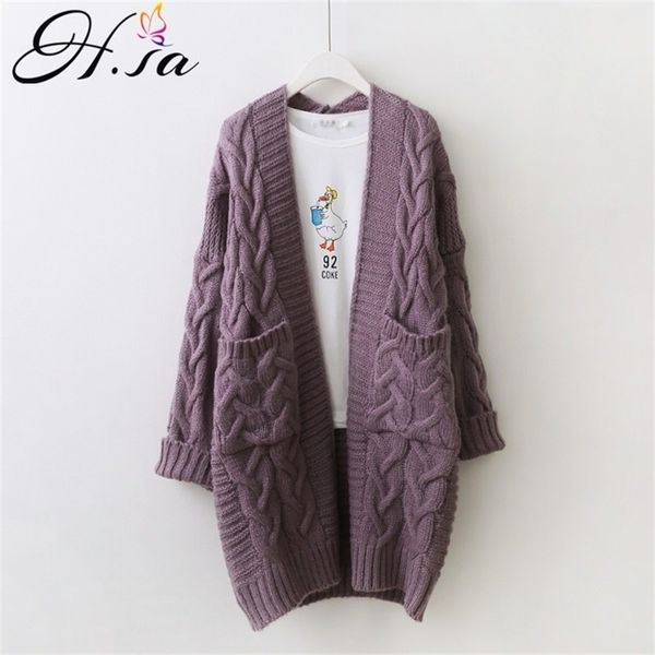 

h.sa women sweater cardigans v neck twisted long knit jackets big pockets spring jumpers harajuku warm poncho 210812, White