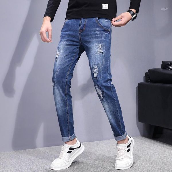 Jeans da uomo 117-1214 L'elastico con toppa strappata e mendicanti slim fit edizione coreana 2021 Cross-border