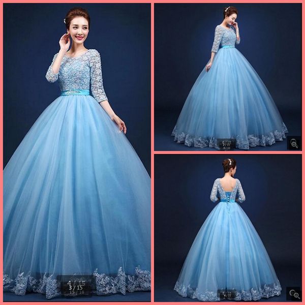 

2021 robe de soiree sky blue lace ball gown prom dresses 3/4 sleeve modest muslim women elegant party dresses princess puffy party gowns, Black