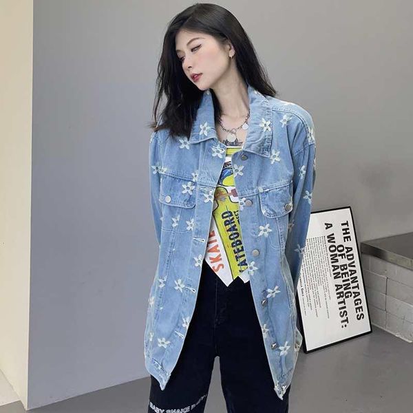 

women's jackets autumn and winter trend washing jeans coat embroidered harajuku retro casual loose-fit jacket, Black;brown