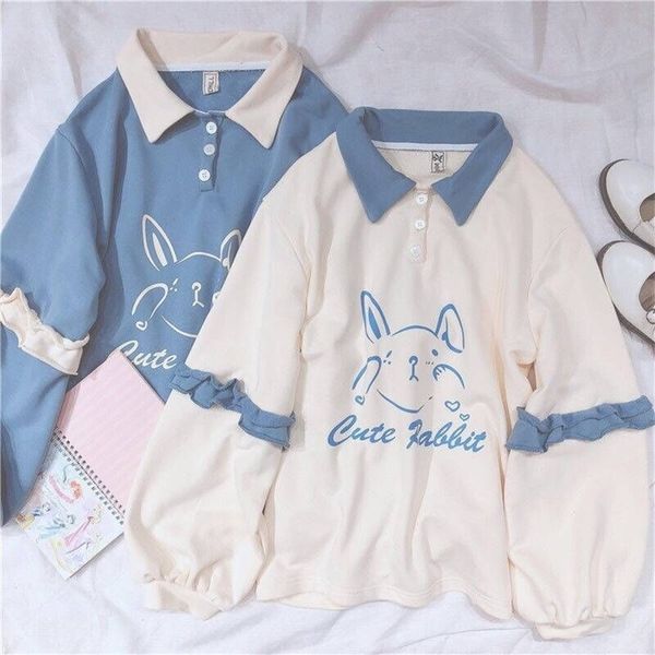 

soft girls cute rabbit female hoodies japanese kawaii bunny graphic vintage women sweatshirt kpop long sleeve ruffle clothes y200608, Black