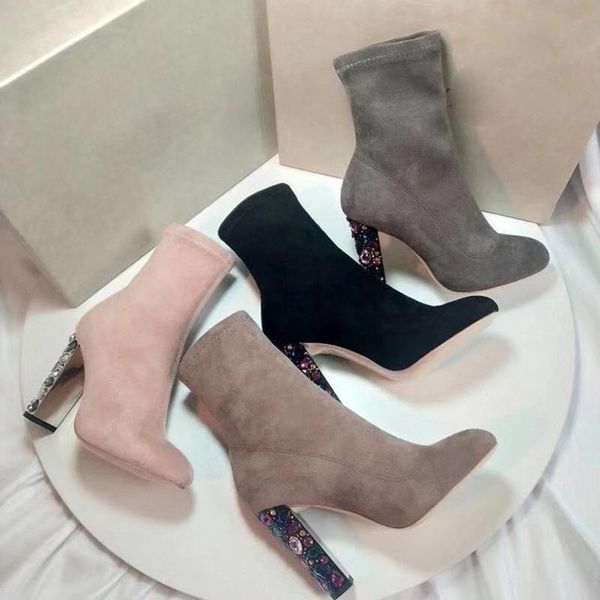 

boots head high-heeled colorful diamond and women's shoes round all-match leather short, Black